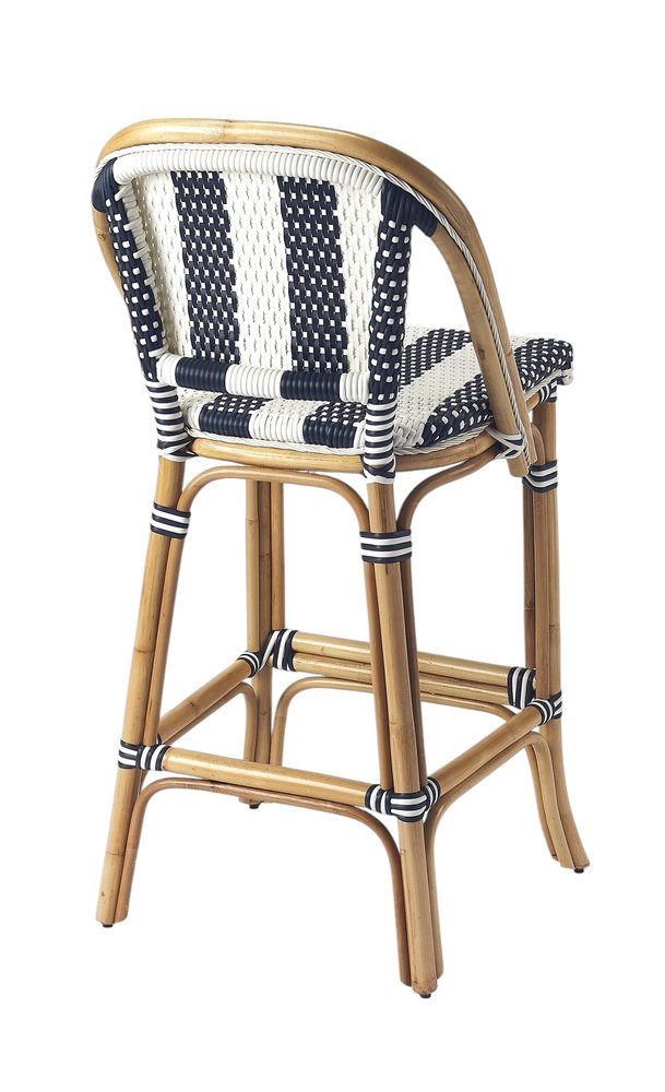 28" Blue and White and Natural Rattan Bar Chair