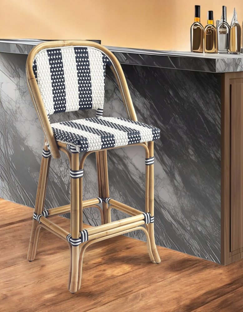 28" Blue and White and Natural Rattan Bar Chair