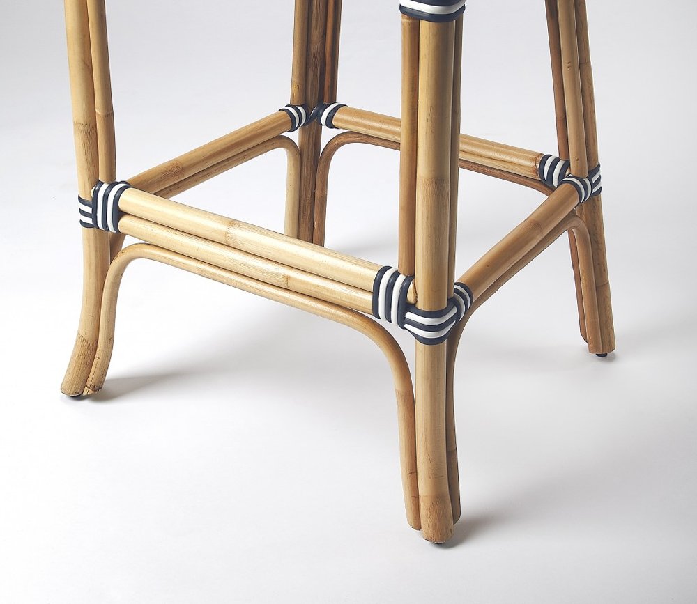 28" Blue and White and Natural Rattan Bar Chair