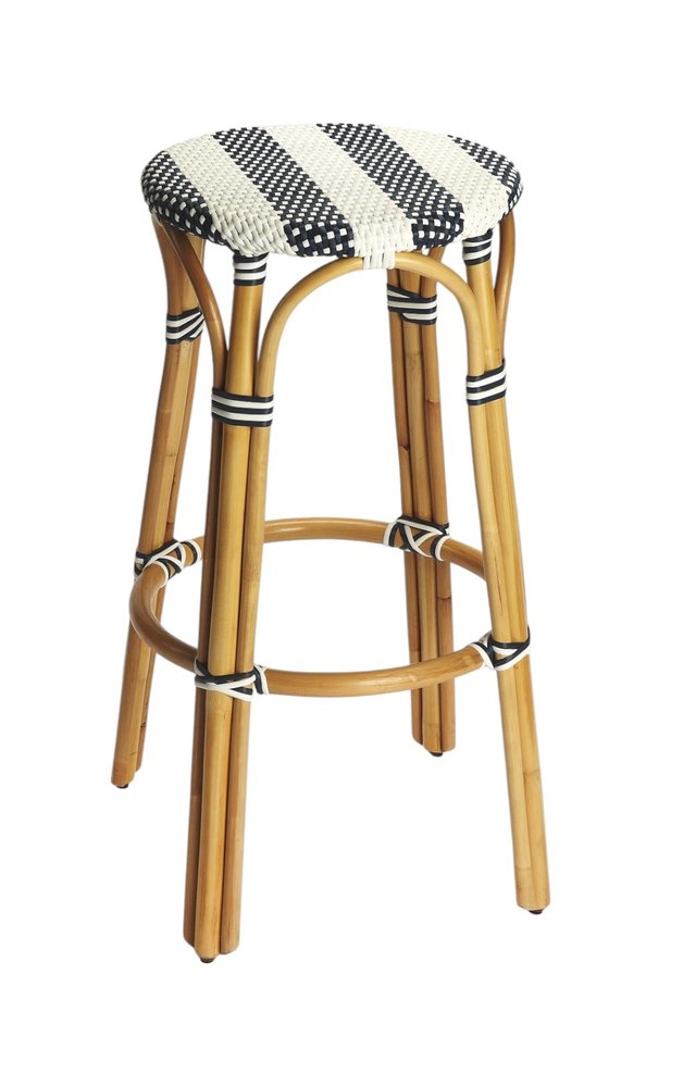 30" Blue and White and Natural Heavy Duty Rattan Backless Bar Height Bar Chair