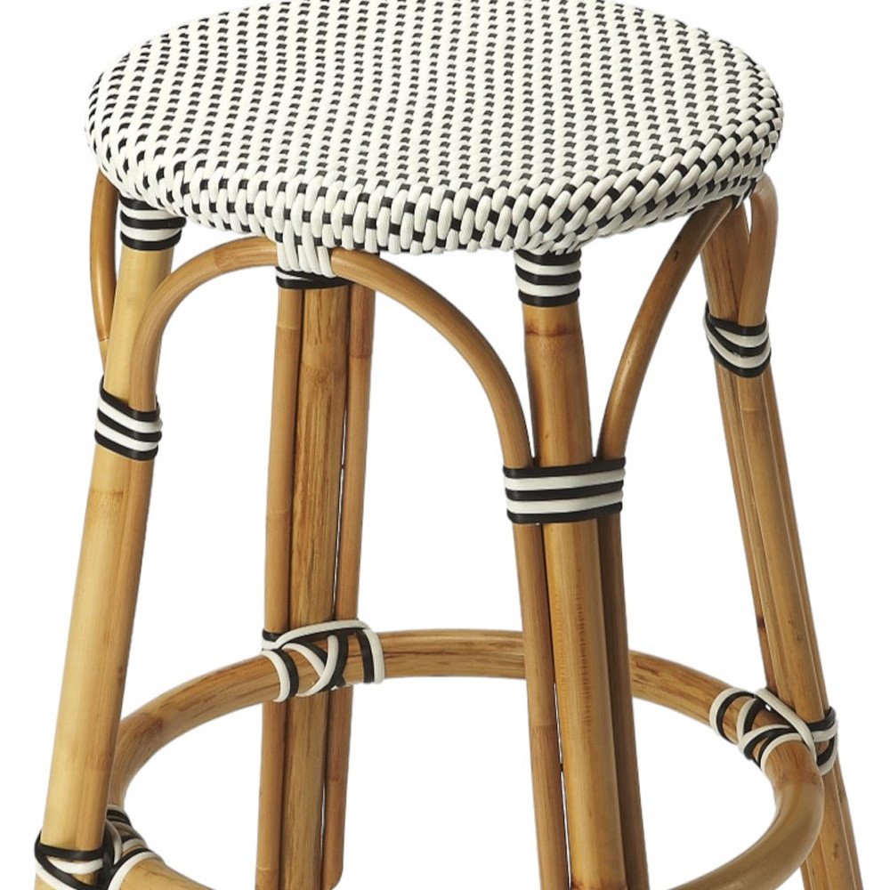 24" Black and White and Natural Heavy Duty Plastic and Rattan Backless Counter Height Bar Chair