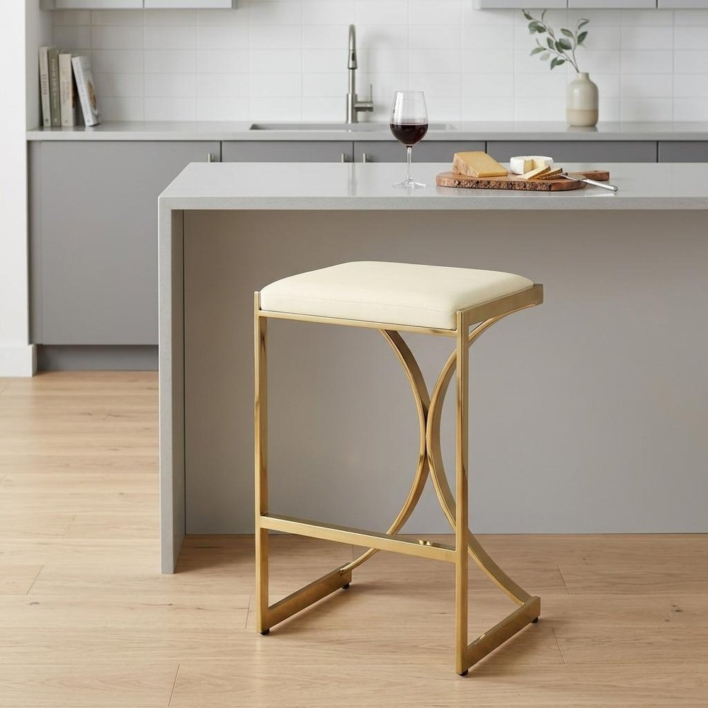 24" Off White and Gold Faux Leather and Iron Backless Counter Height Bar Chair