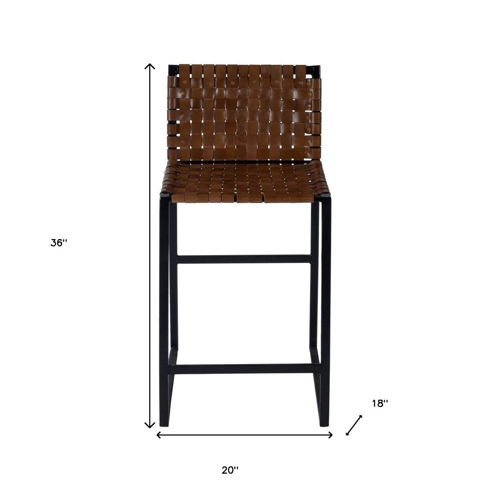 36" Brown and Black Leather and Iron Bar Chair
