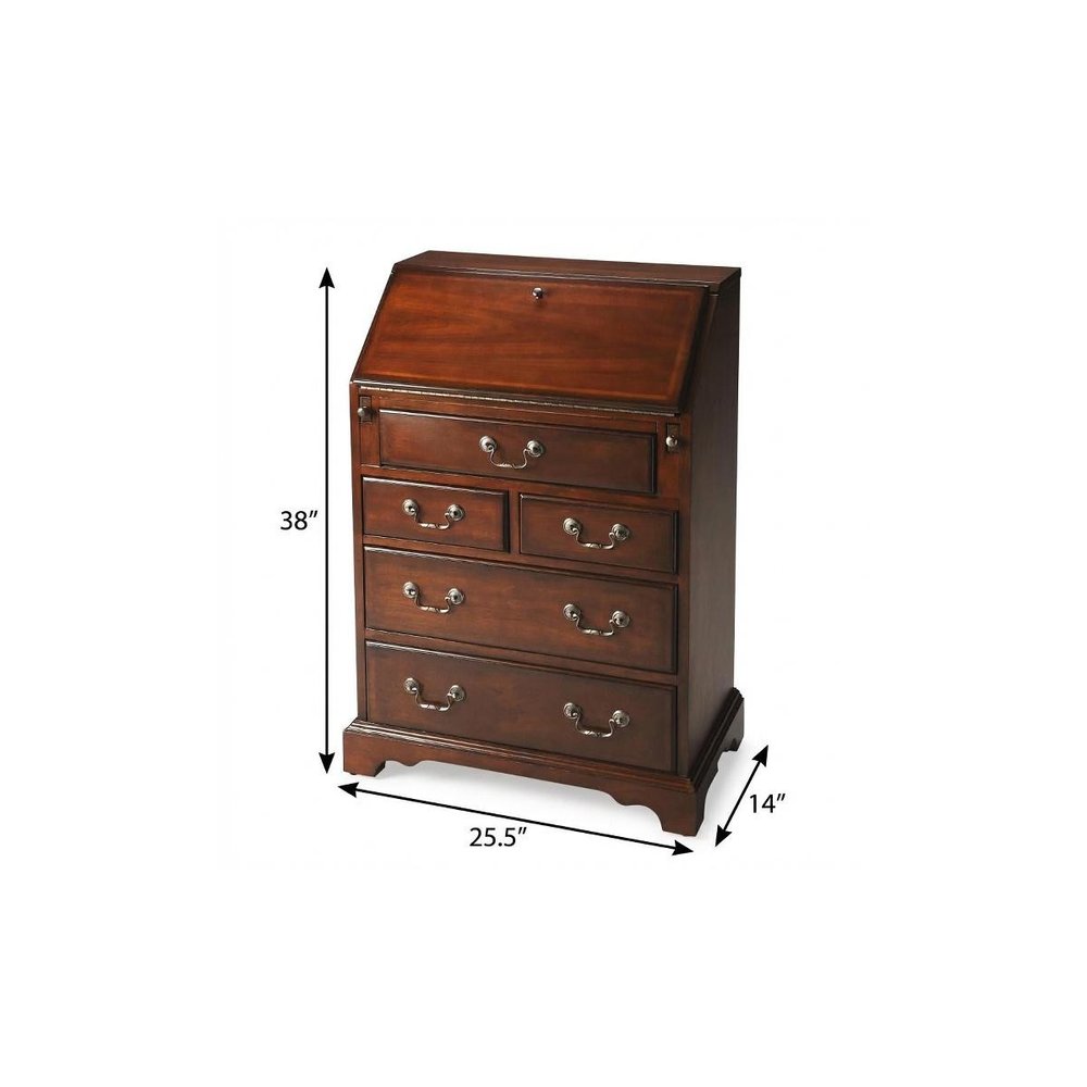 26" Brown Rubberwood Wood Secretary Desk With Five Drawers