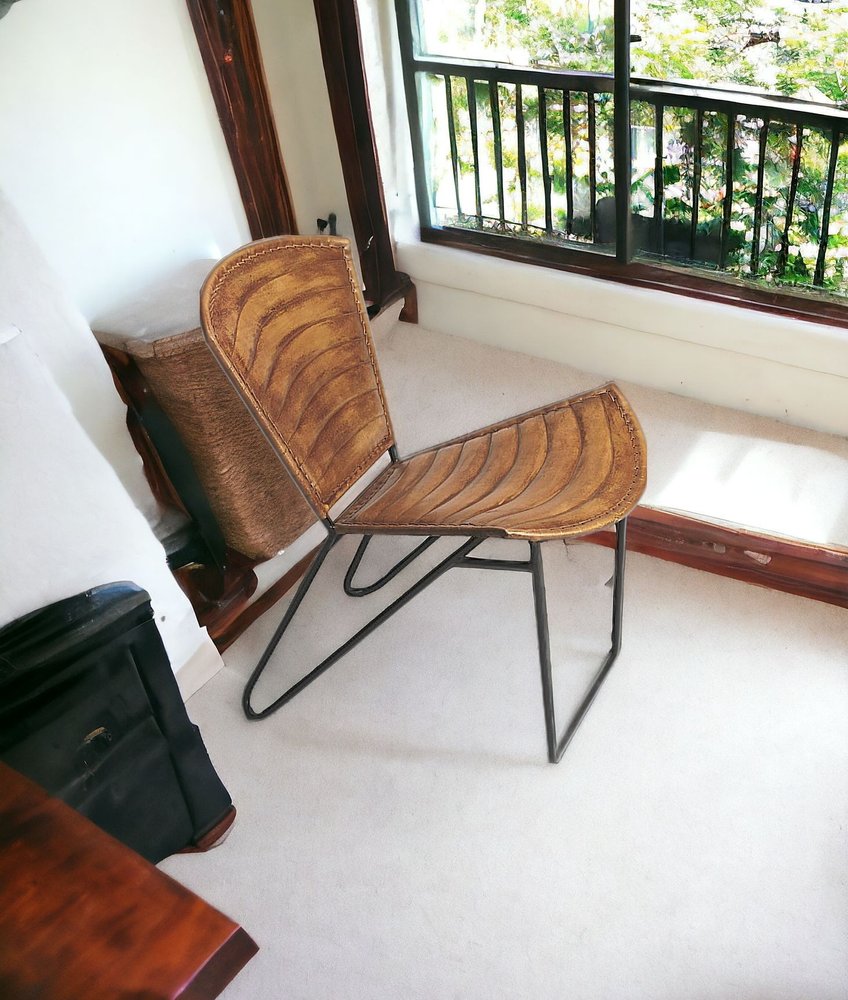 23" Brown Faux Leather Striped Side Chair