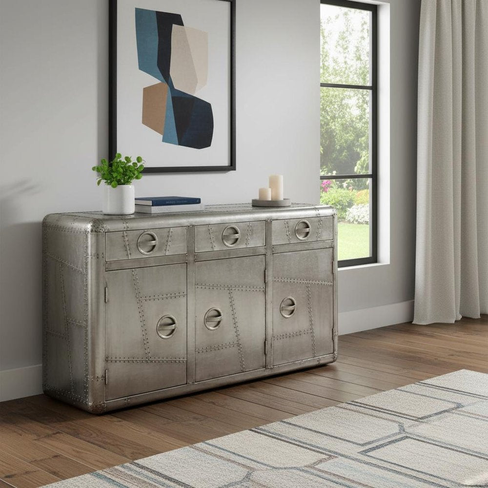 55" Silver Steel Console Accent Cabinet With Three Drawers