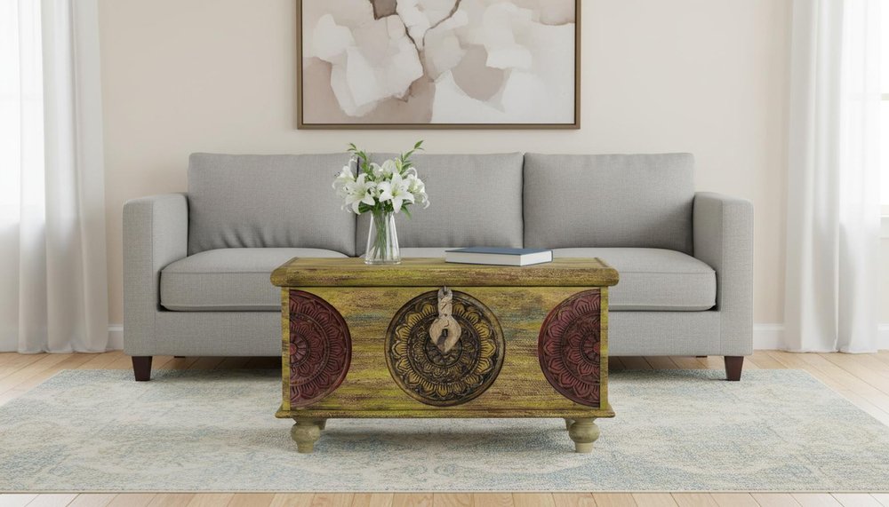 33" Brown and Green Wood Distressed Coffee Table