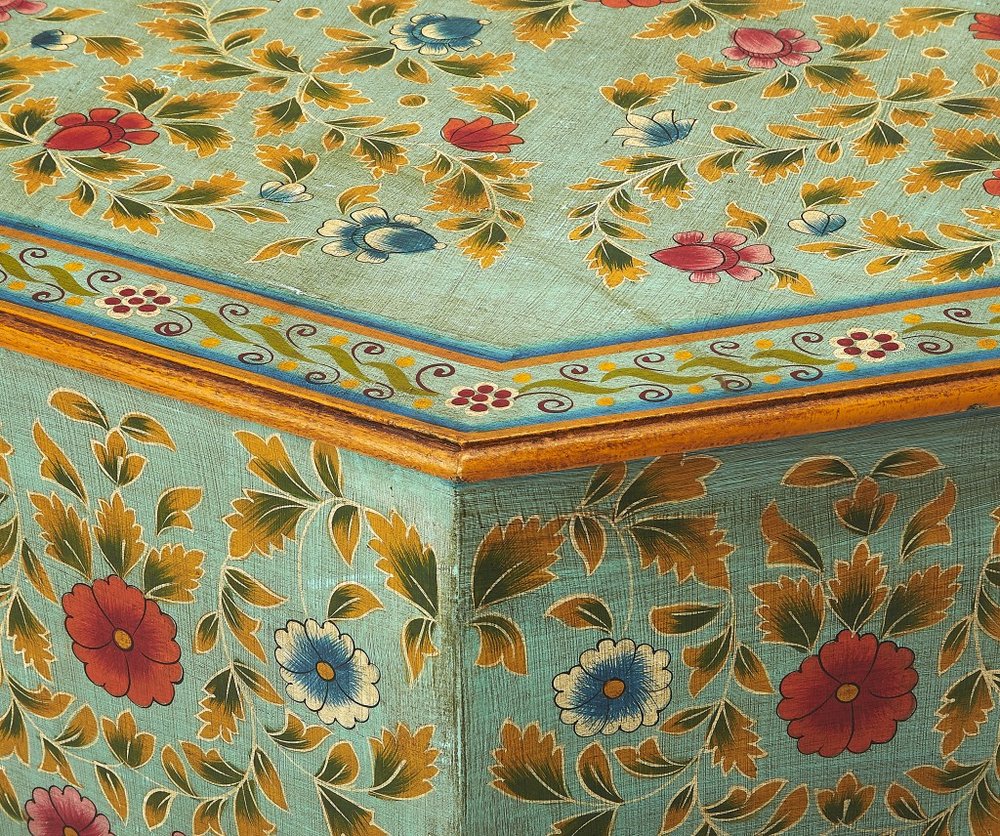 29" Green Wood Hexagon Abstract Floral Coffee Table