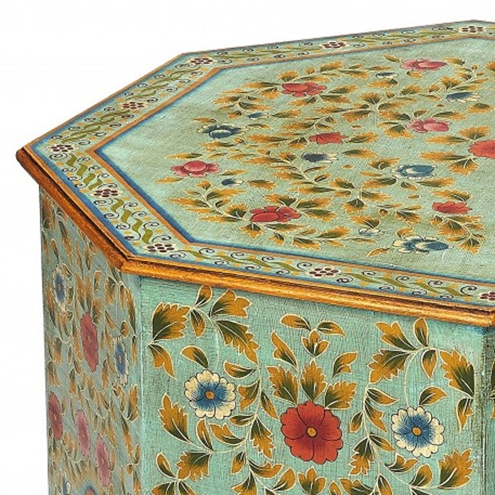 29" Green Wood Hexagon Abstract Floral Coffee Table