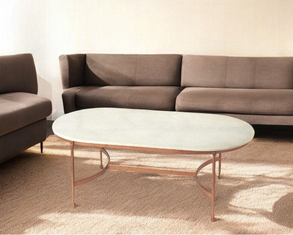 47" White and Copper Genuine Marble and Metal Oval Coffee Table
