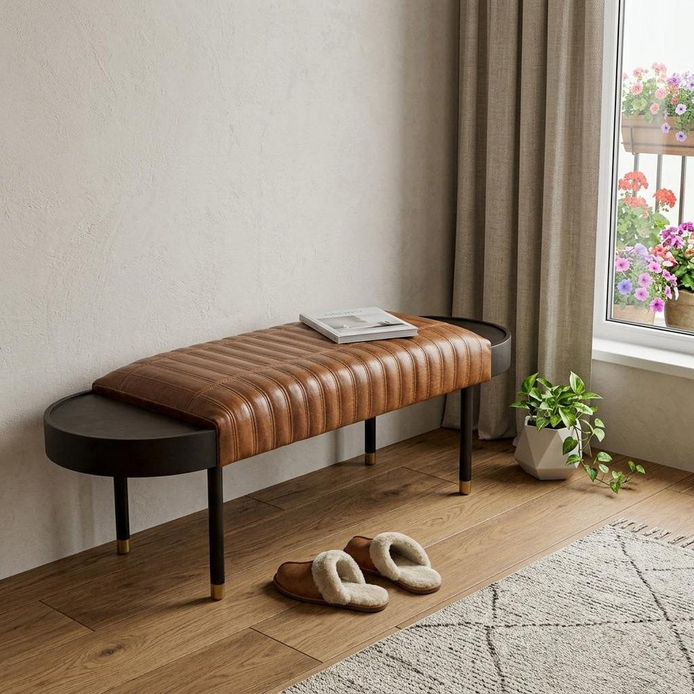 Warm Brown Leather And Solid Wood Bench
