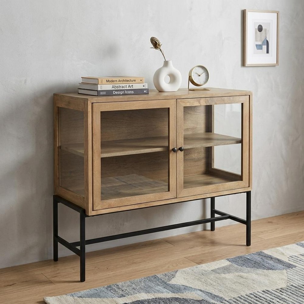 36" Natural Solid Wood Sideboard with Two Glass Doors