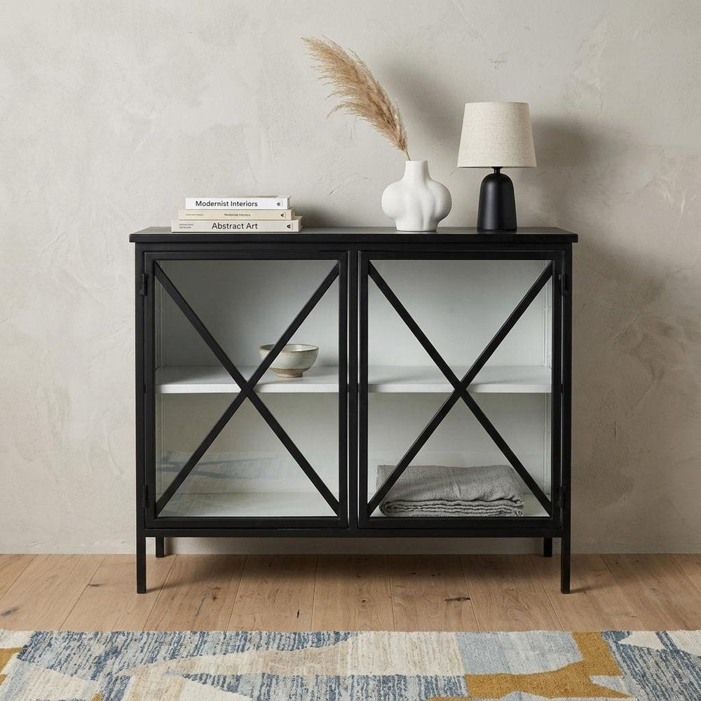 41" Black Iron Sideboard with Two Glass Doors