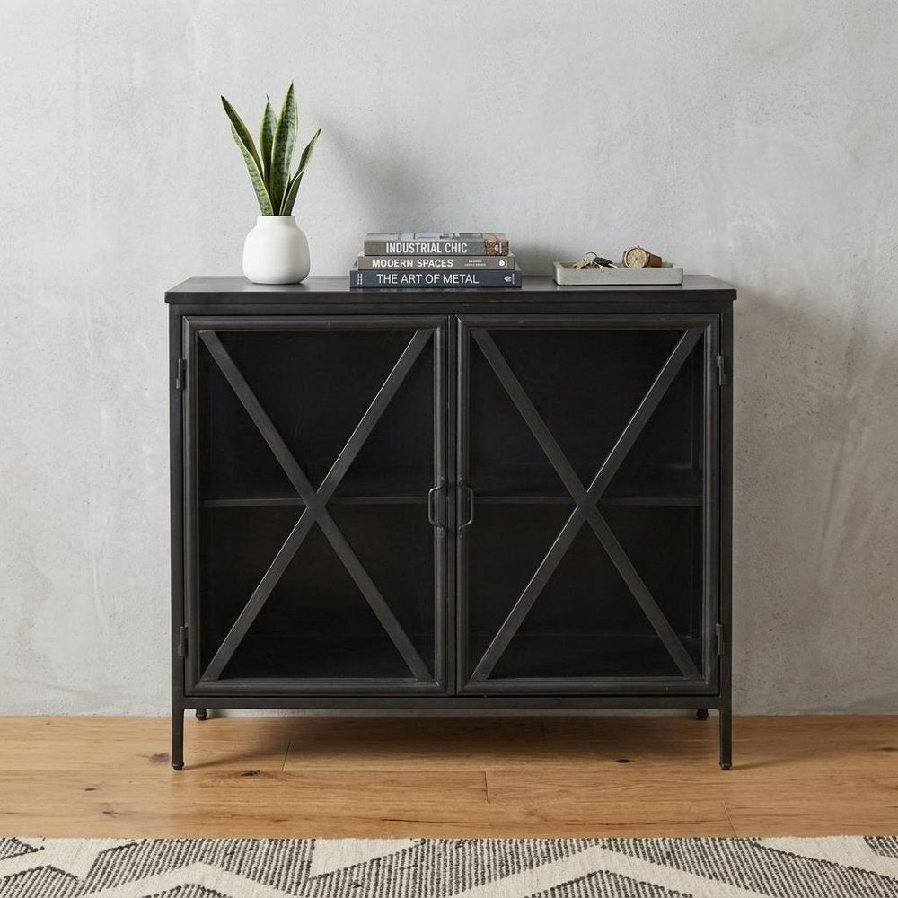 40" Black Iron Sideboard with Two Glass Doors