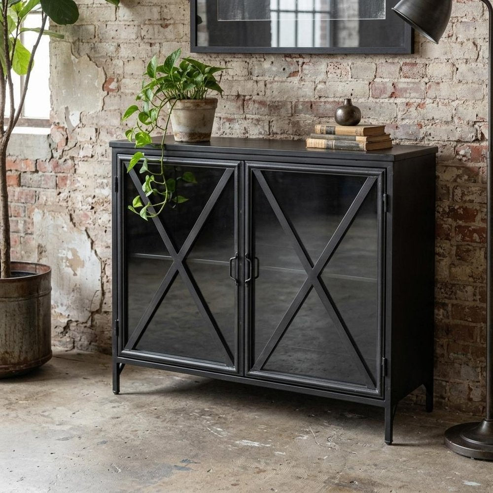 40" Black Iron Sideboard with Two Glass Doors