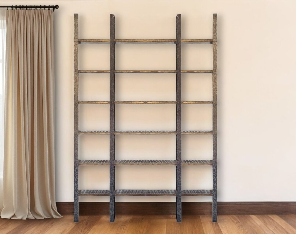 Brown Iron and Solid Wood Six Tier Bookcase