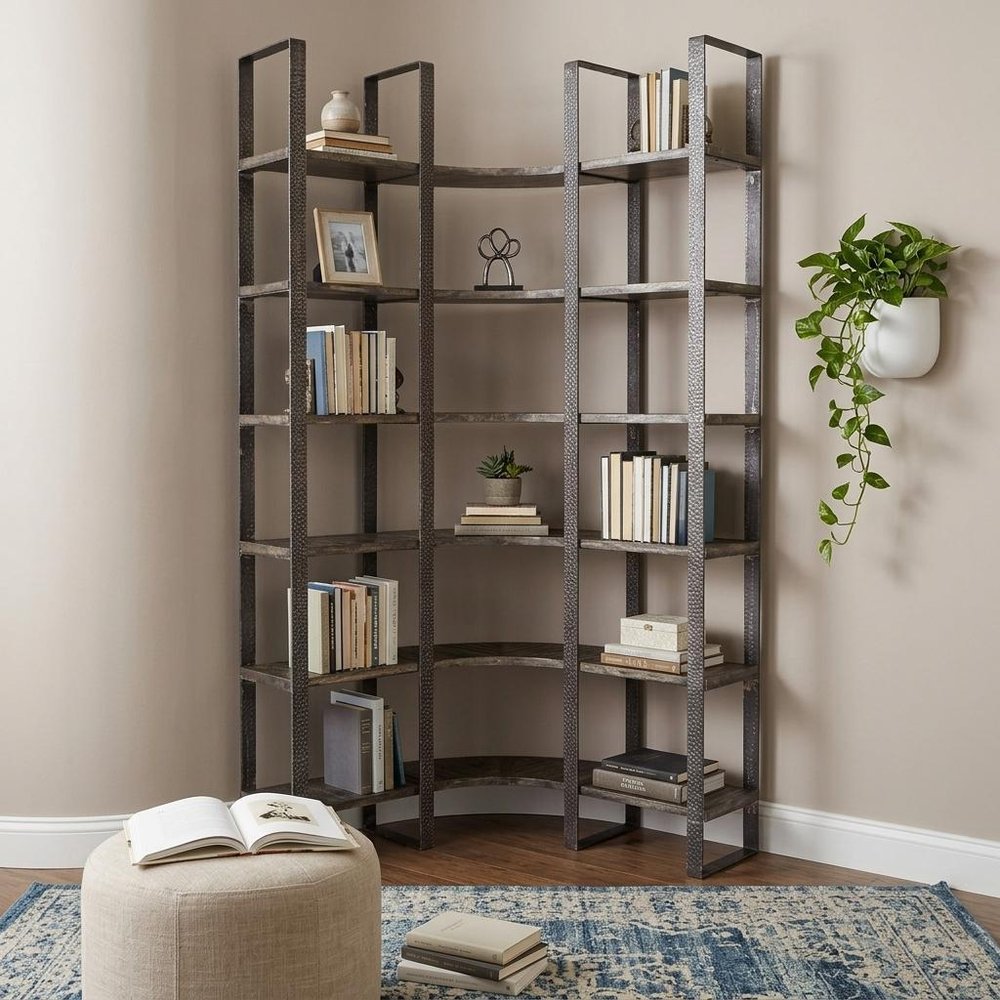 Brown Iron and Solid Wood Six Tier Bookcase