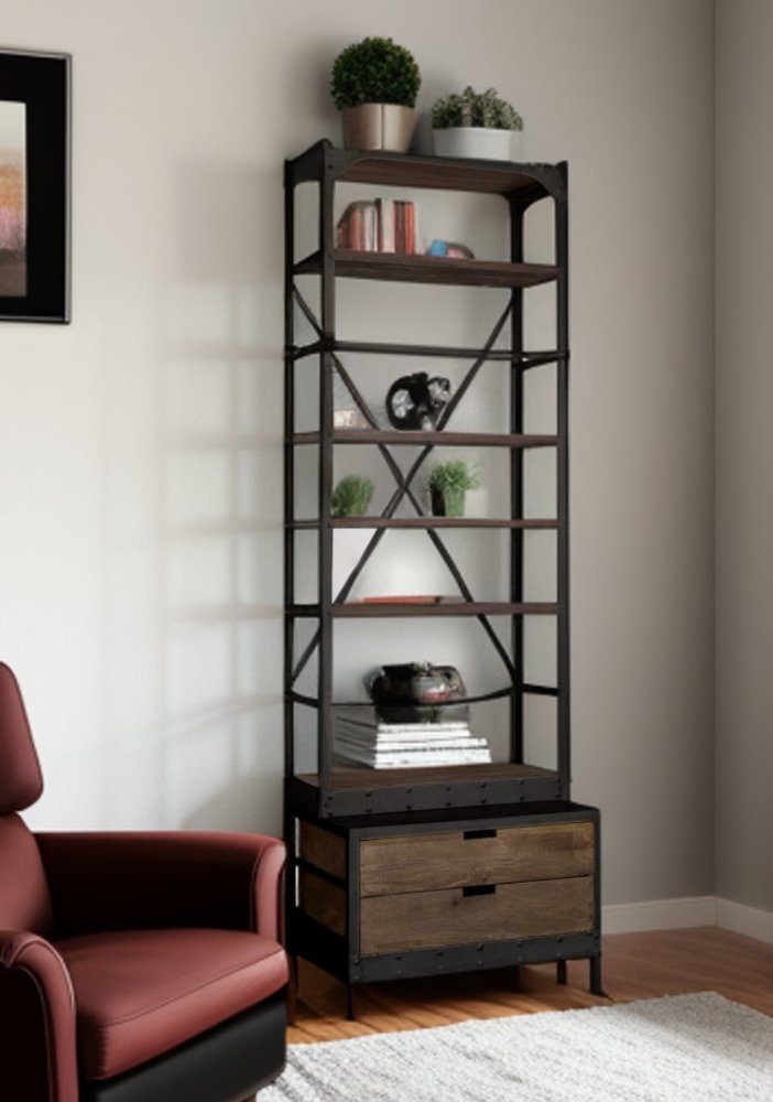 Black Iron and Solid Wood Five Tier Bookcase with Two Drawers