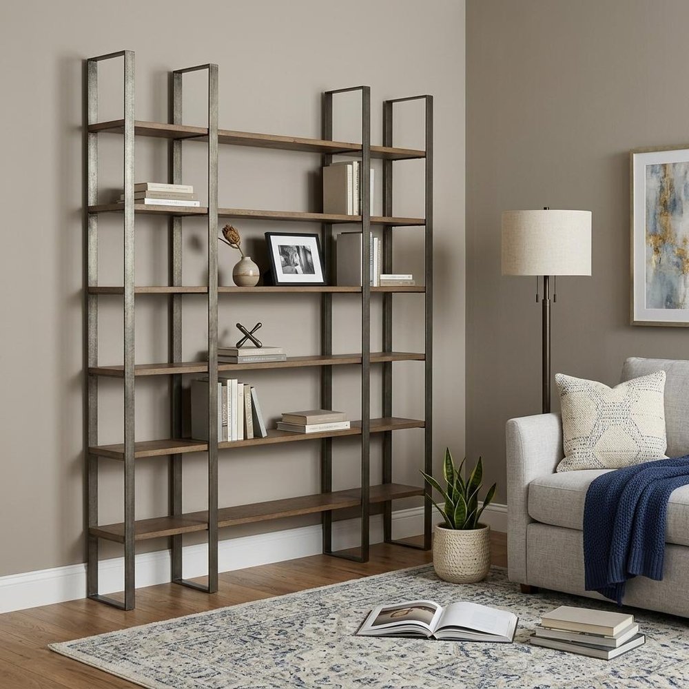 Brown Nickel and Solid Wood Six Tier Bookcase