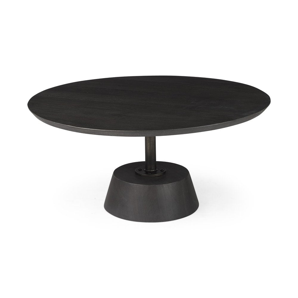 32" Dark Brown and Black Solid Wood and Iron Round Pedestal Coffee Table