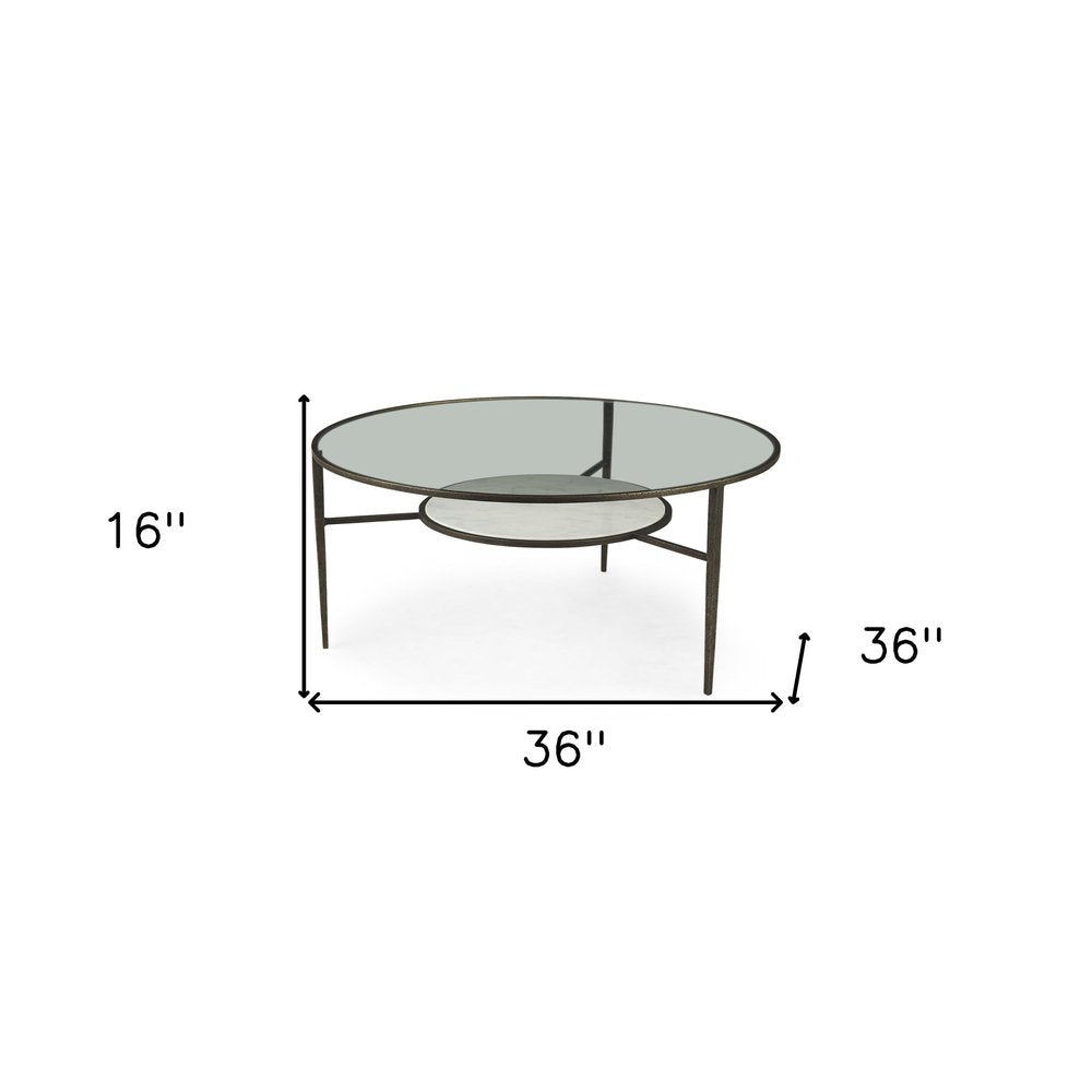 36" Clear and Bronze Glass and Metal Round Coffee Table With Shelf