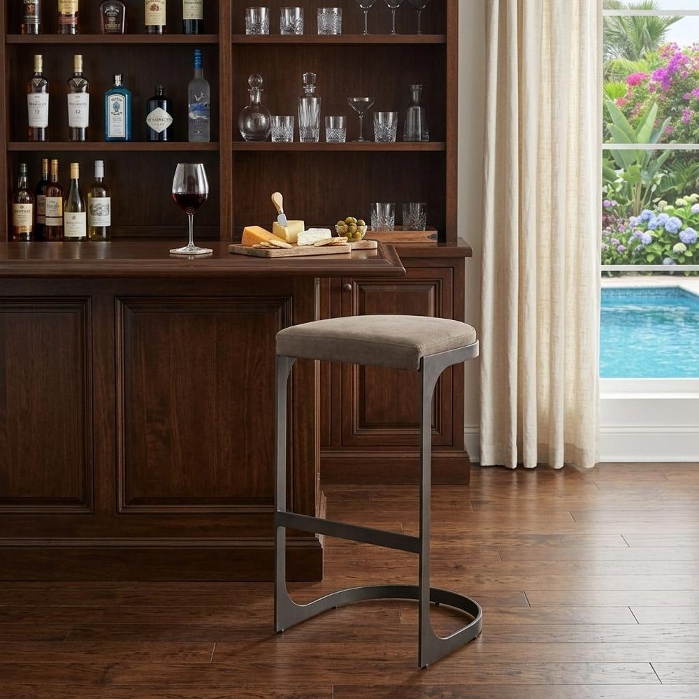 29" Black Leather and Metal Backless Bar Chair