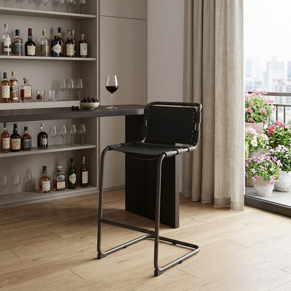 30" Black and Gray Leather and Iron Bar Height Bar Chair
