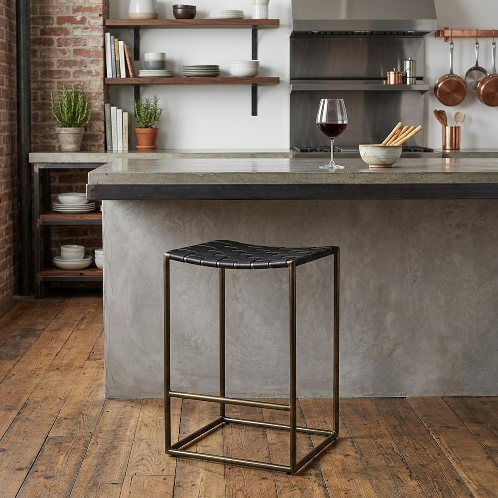29" Bronze Leather and Metal Backless Bar Chair
