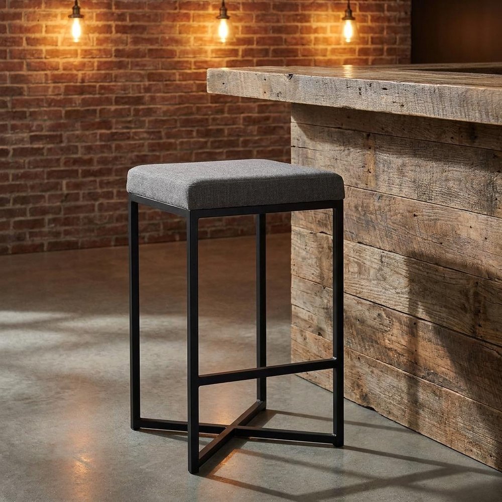 26" Gray And Black Fabric And Metal Backless Counter Height Bar Chair