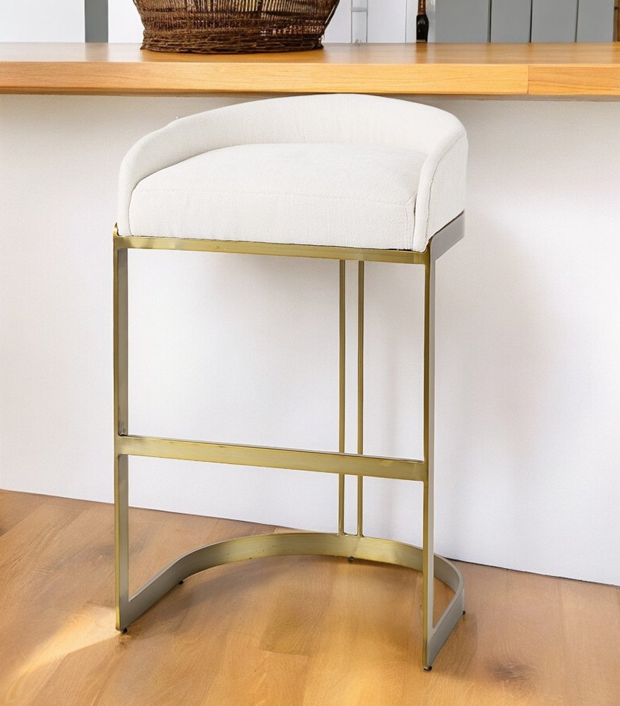 35" White and Gold Fabric and Metal Low Back Bar Chair