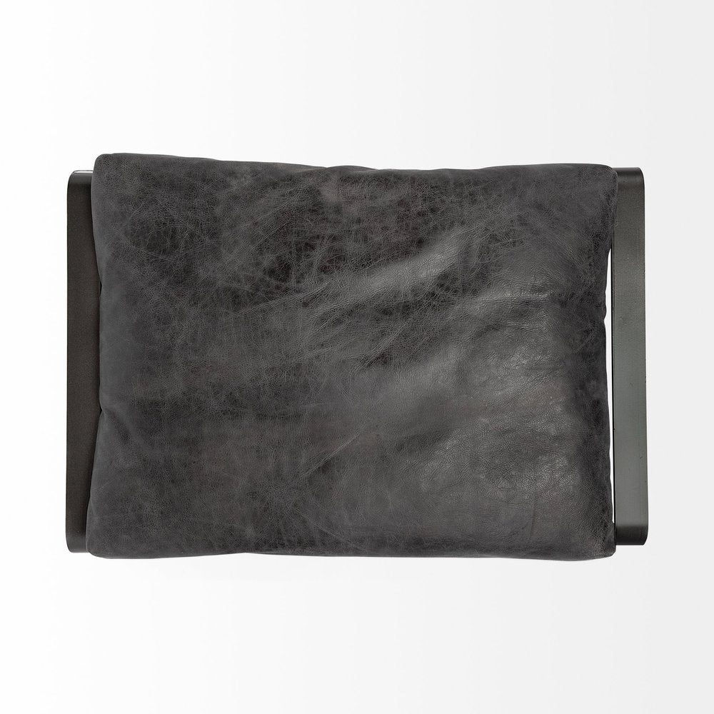 27" Black Genuine Leather Ottoman