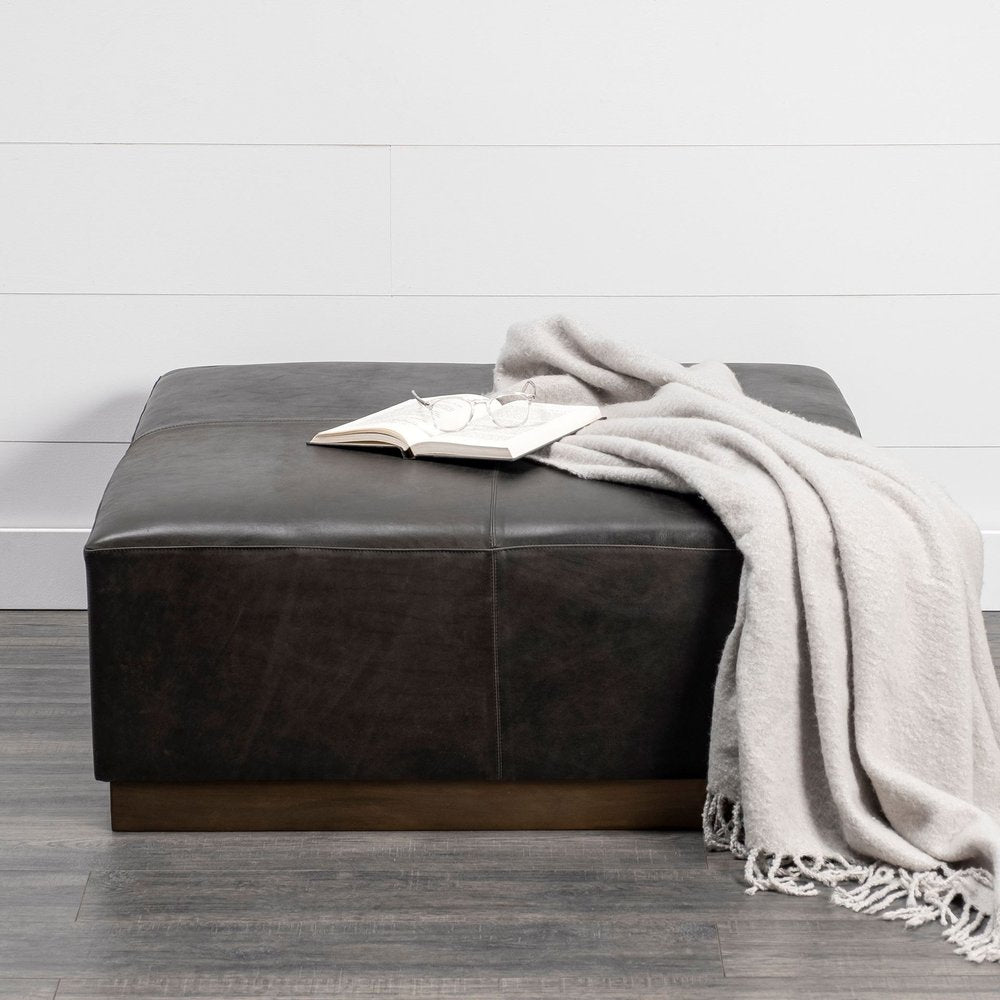 36" Black Faux Leather and Brown Footstool