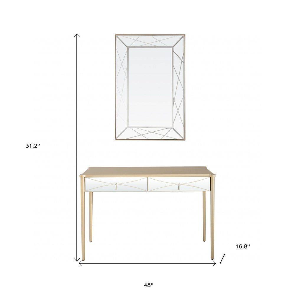48" Champagne And Silver Mirrored Solid Wood And Glass Console Table With Two Drawers