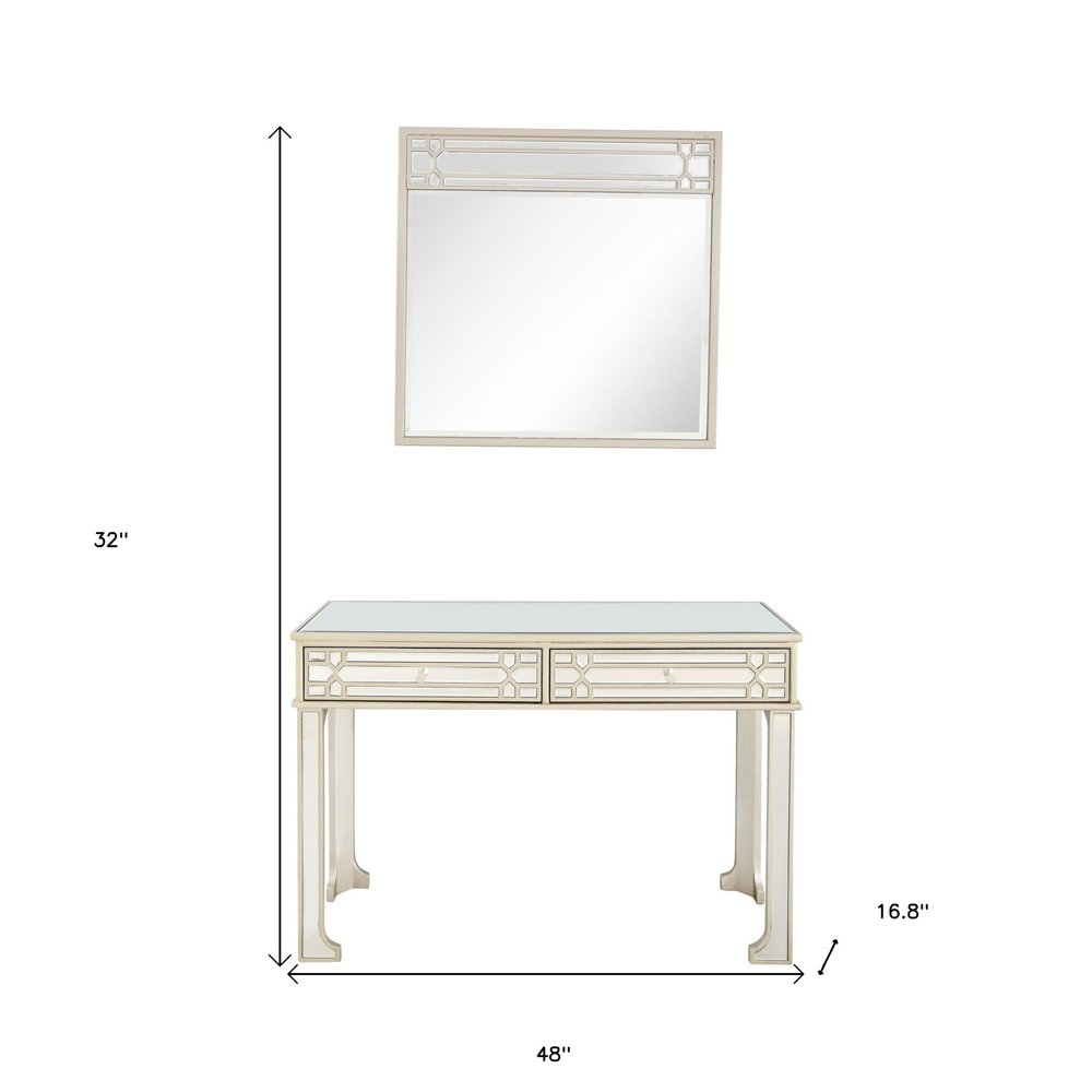 48" Champagne Mirrored Glass Console Table And Drawers