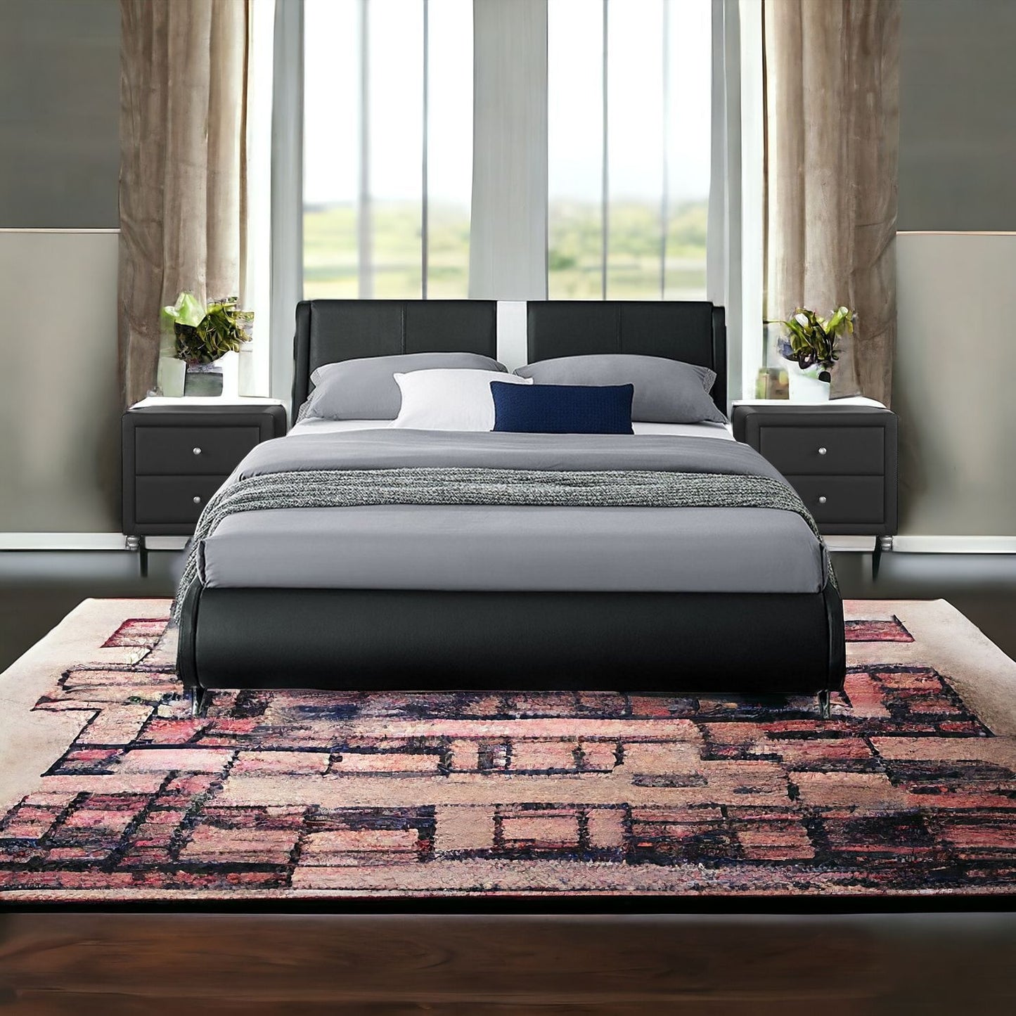 Black Wood And Linen Queen Bed Frame