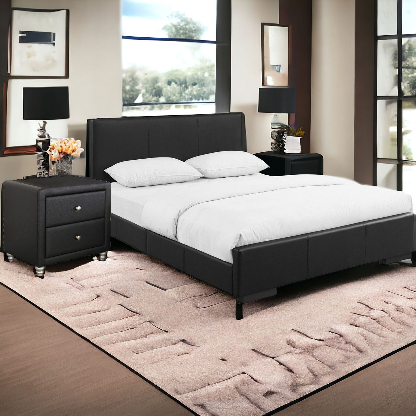 Beige Wood And Faux Leather Queen Bed Frame