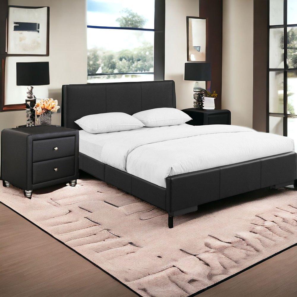 Beige Wood And Faux Leather Queen Bed Frame