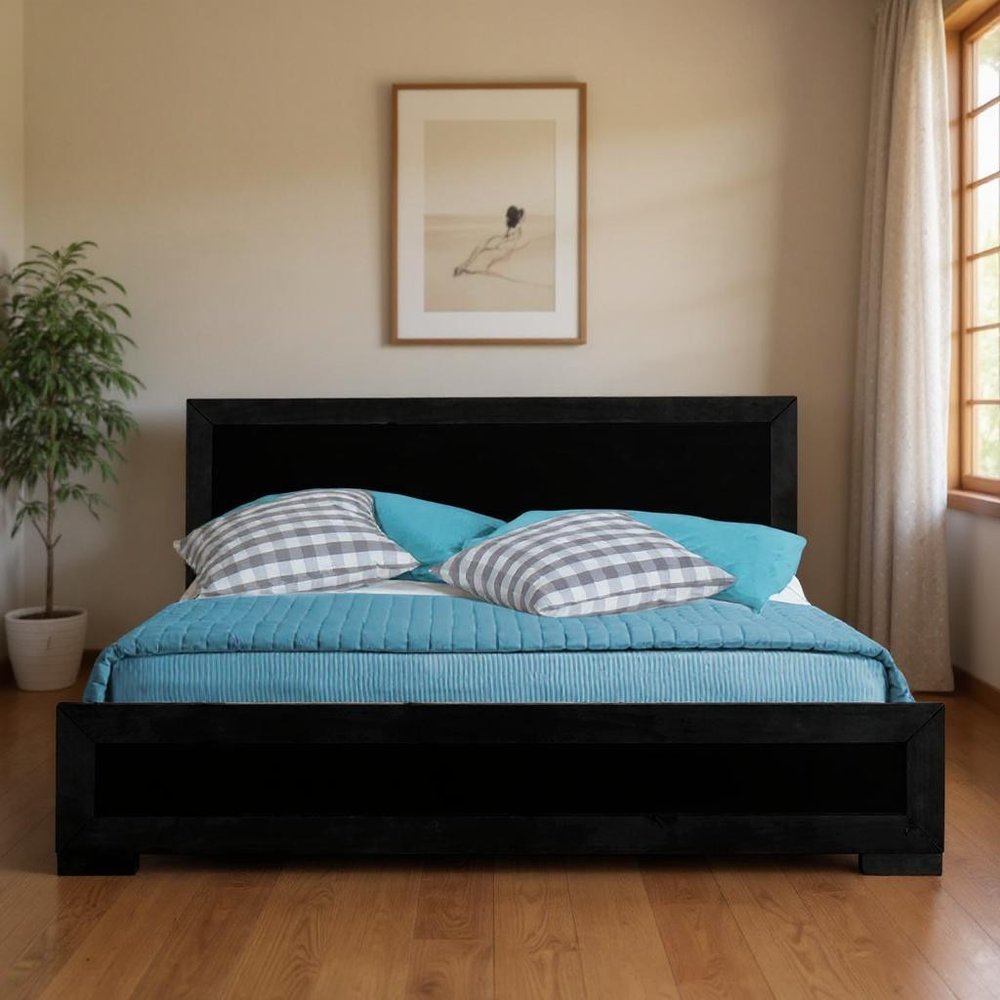Black Inlaid Panels Solid Wood Queen Bed Frame