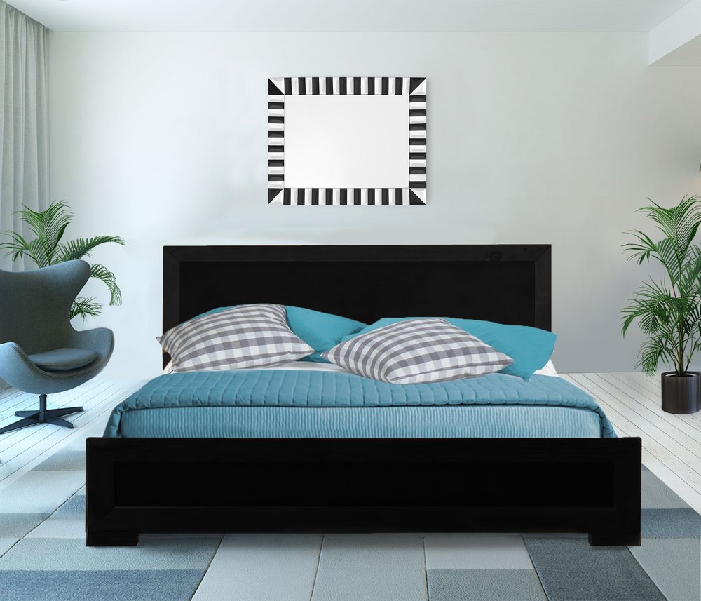 Black Inlaid Panels Solid Wood Queen Bed Frame