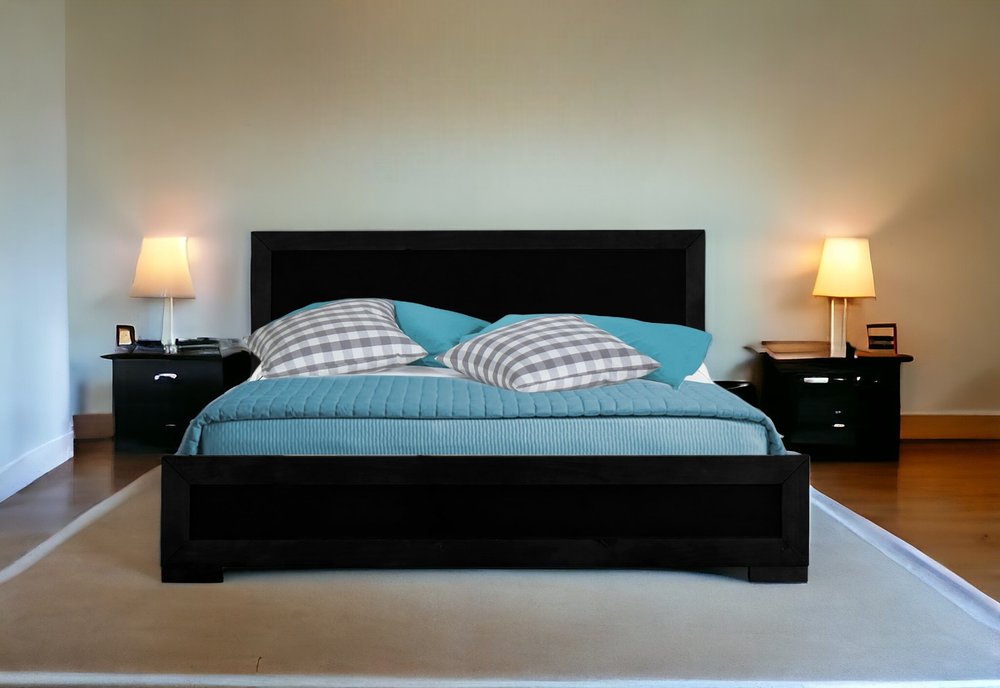 Black Inlaid Panels Solid Wood Queen Bed Frame