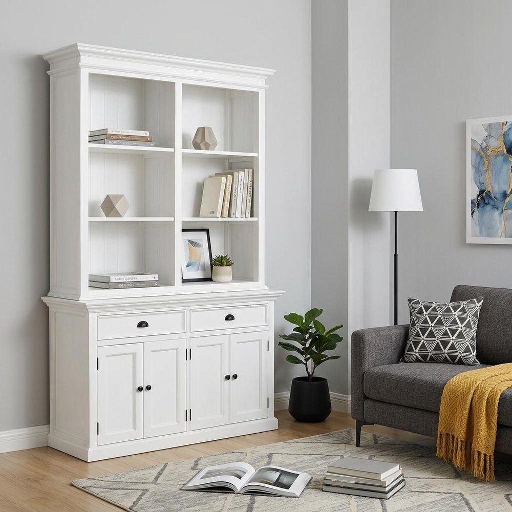 87" White Solid Wood Adjustable Four Tier Bookcase