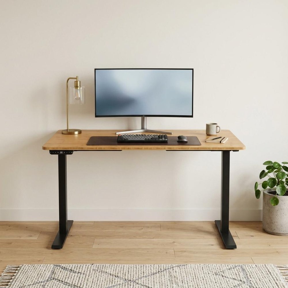 48" Adjustable Brown and Black Stainless Steel Computer Desk