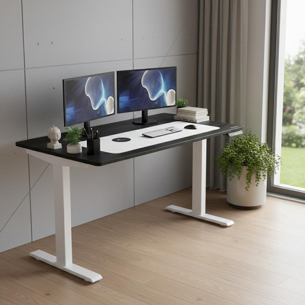 Adjustable Black and White Wood and Stainless Steel Rolling Computer Desk