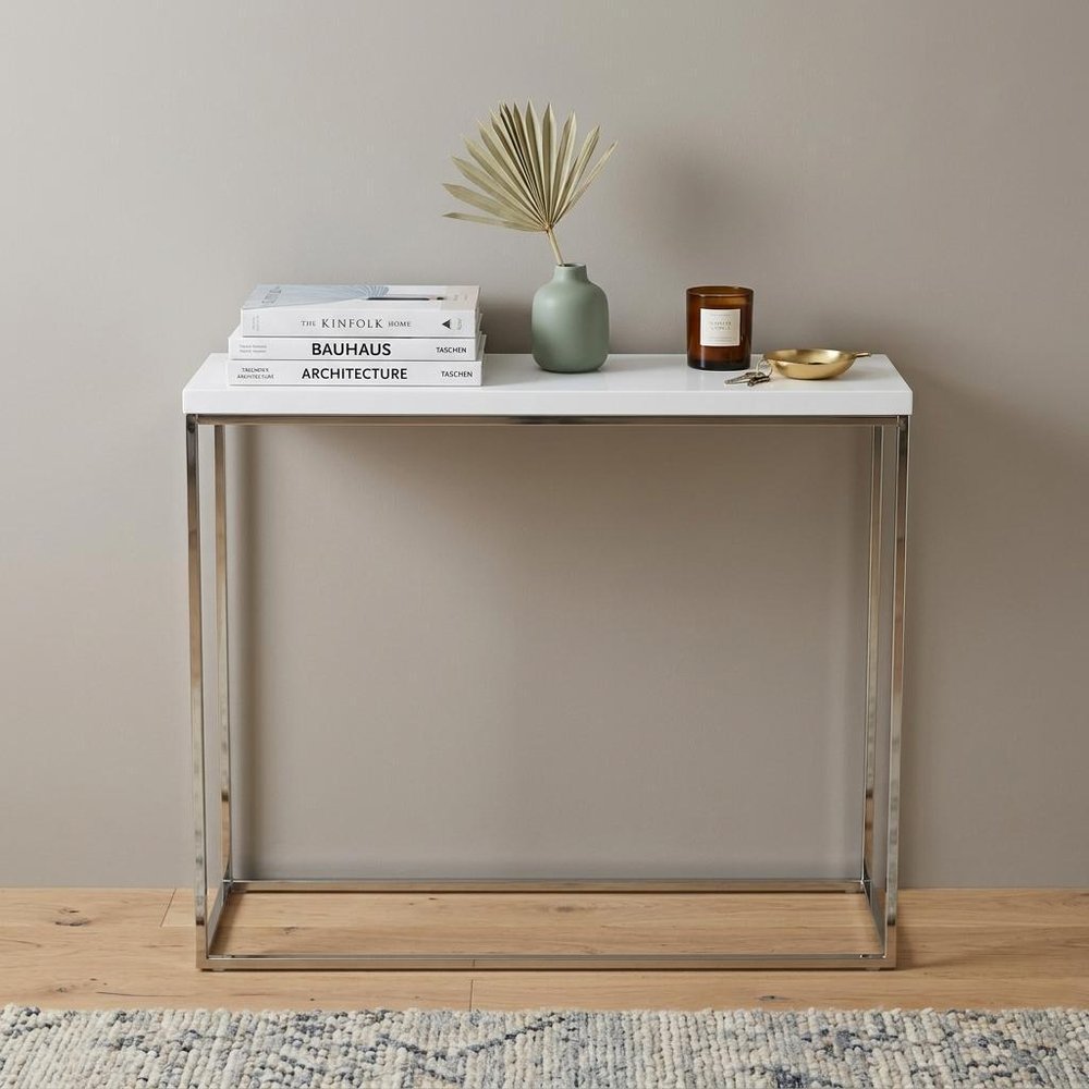 35" White and Silver Wood and Stainless Steel Frame Console Table