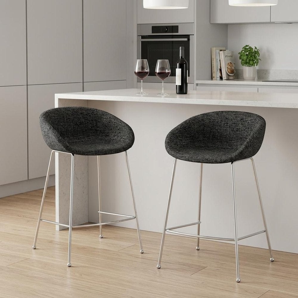 Set of Two 26" Black And Silver Steel Low Back Counter Height Bar Chairs