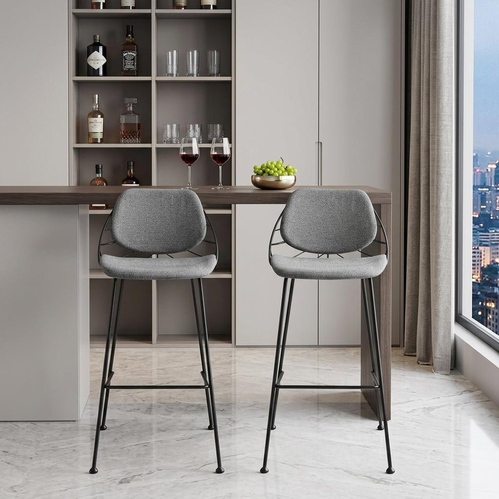 Set of Two 30" Light Gray And Black Steel Low Back Bar Height Bar Chairs