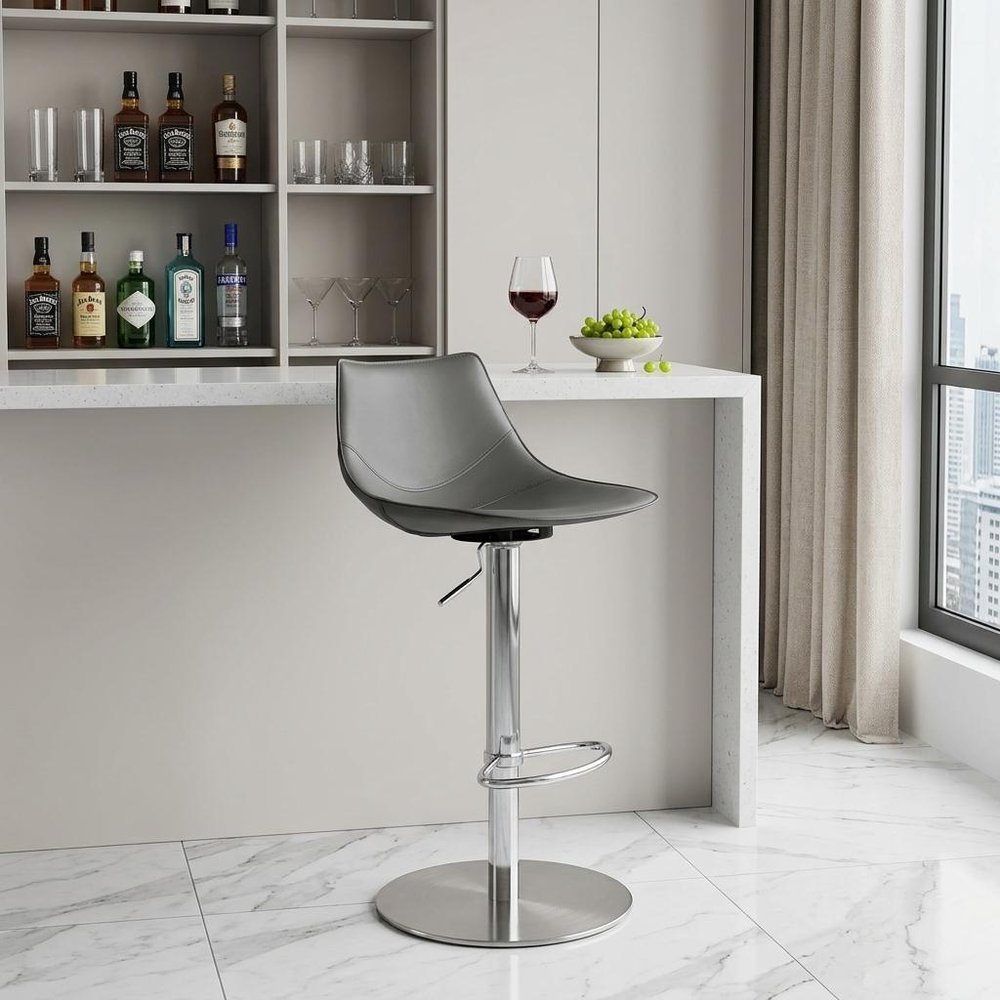 32" Gray And Silver Steel Swivel Low Back Bar Height Bar Chair
