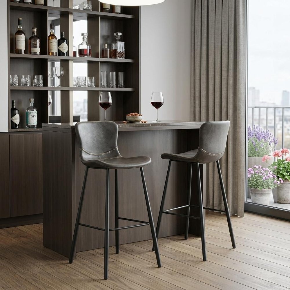 Set of Two 30" Gray And Black Steel Low Back Bar Height Bar Chairs