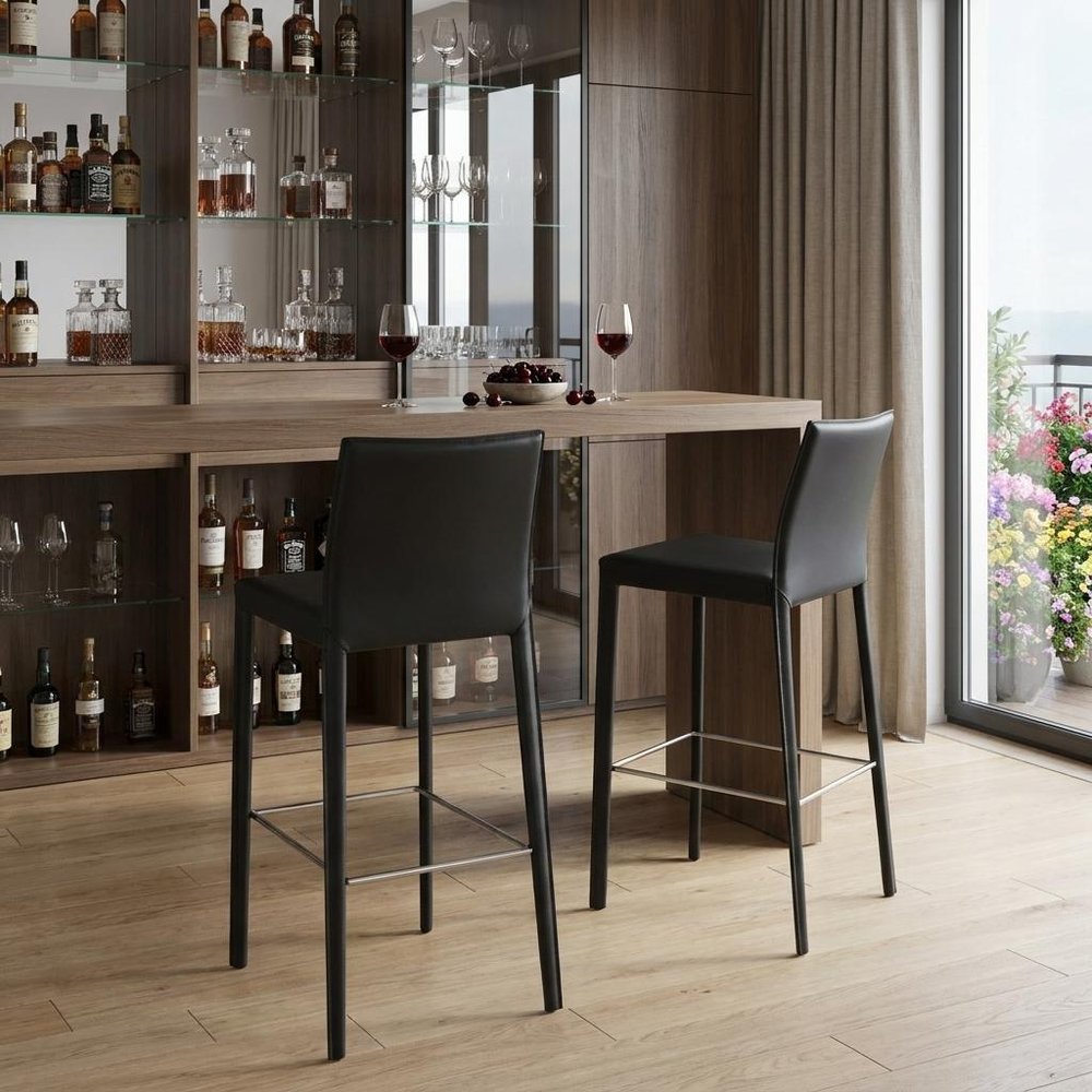Set of Two 30" Black Faux Leather and Steel Bar Height Bar Chairs