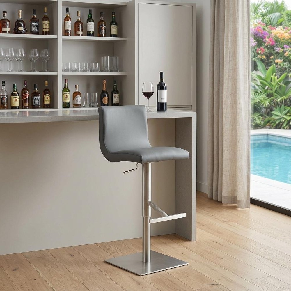 32" Gray And Silver Steel Swivel Low Back Bar Height Bar Chair